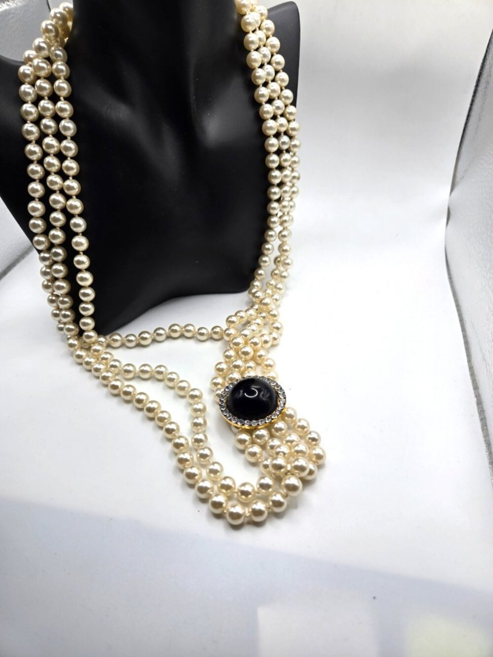 Vintage Triple Cascading Faux Pearl Necklace Black Cabochon  Rhinestone